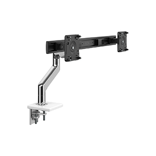 M8.1 MONITORARM MIT QUERSTREBE, 2-TEILIGER KLEMMHALTERUNG UND TISCHFUSS, ALUMINIUM POLIERT MIT WEISSER KUNSTSTOFFBLENDE