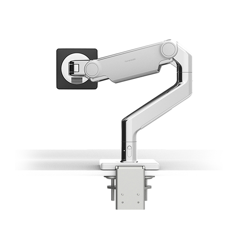 M8.1 MONITORARM MIT 2-TEILIGER KLEMMHALTERUNGG UND TISCHFUSS, ALUMINIUM POLIERT MIT WEISSER KUNSTSTOFFBLENDE
