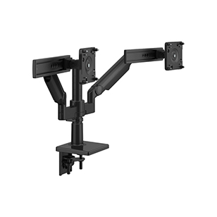 M/Flex mit M2.1 Monitorarmen und Slider (2), Doppel-Armhalterung, zweiteilige Klemmhalterung, poliertes Schwarz mit schwarzer Kunststoffblende