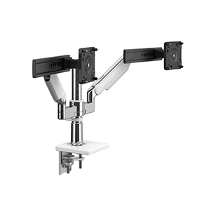 M/Flex mit M2.1 Monitorarmen und Slider (2), Doppel-Armhalterung, zweiteilige Klemmhalterung, Aluminium poliert mit weißer Kunststoffblende