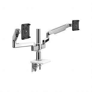 M/Flex Mit (2) Monitorarmen M2.1, Doppelhalterung, 2-Teilige Klemmhalterung, Aluminium Poliert Mit Weisser Kunststoffblende